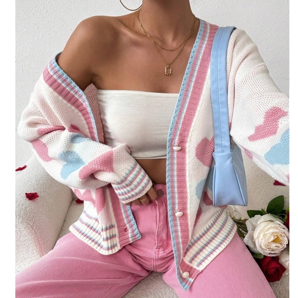 Heart Print Vday Valentine’s Oversized Button Down Cardigan - Picture 2 of 5